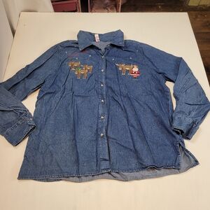Denim Shirt with Reindeer and Santa Embroidery